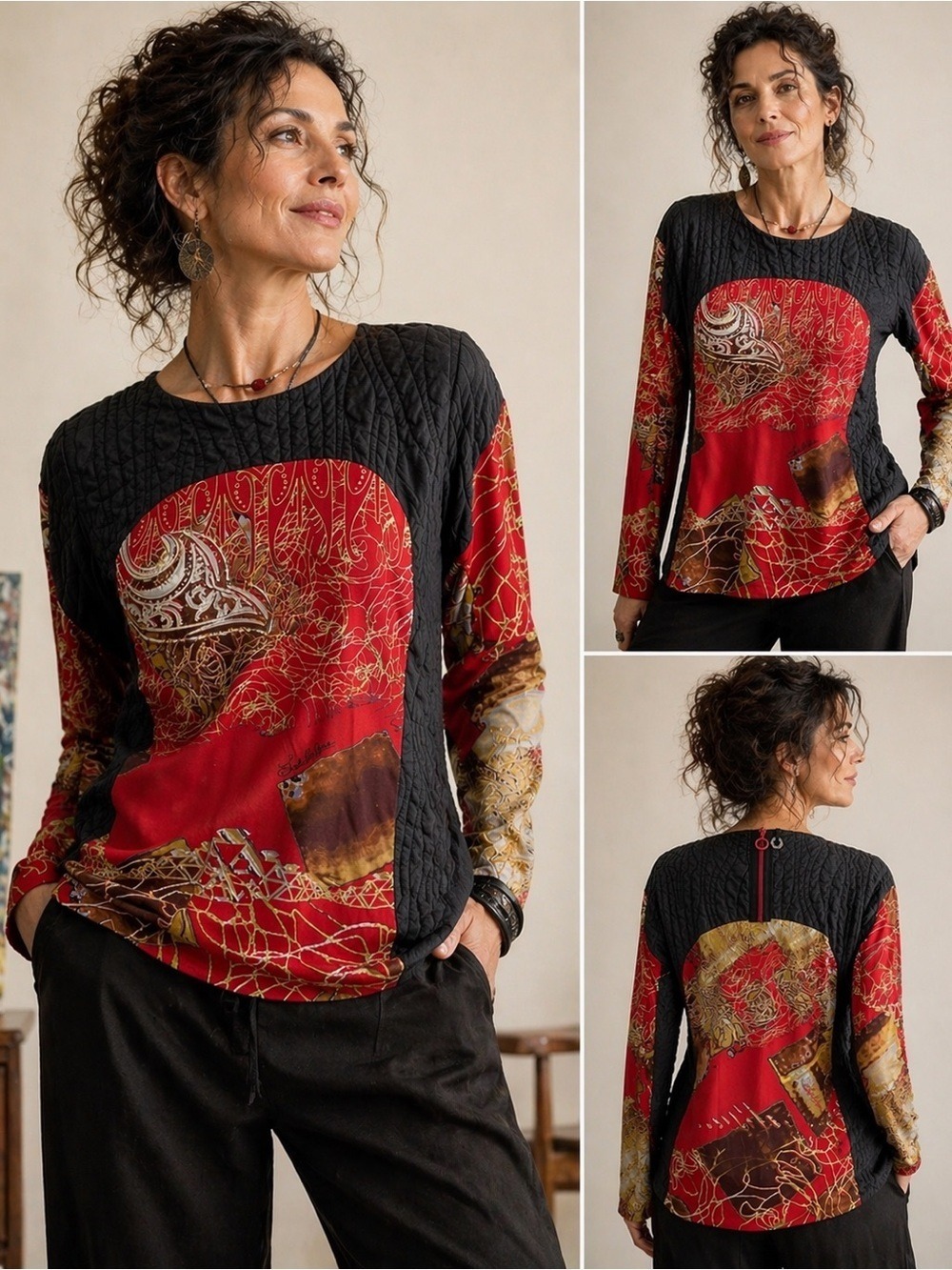 Save The Queen printed top long sleeve silky jersey color black red gold Large